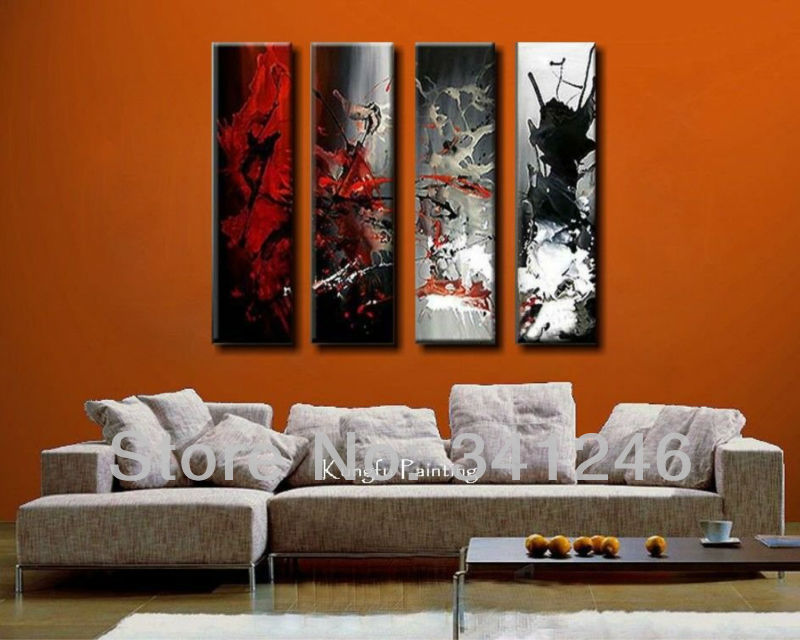 hand-painted hi-q modern wall art home decor abstract oil painting on canvas red black white scrawl rendering 4pcs/set framed