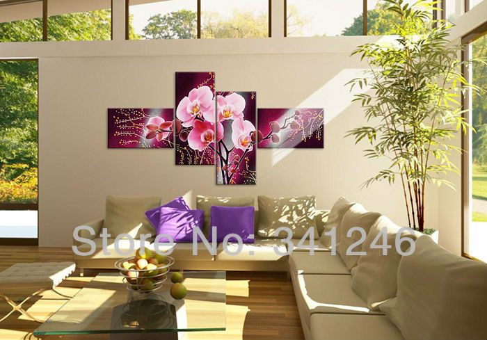 hand-painted hi-q modern wall art home decor flower oil painting on canvas blooming pink phalaenopsis on wine red4pcs/set framed