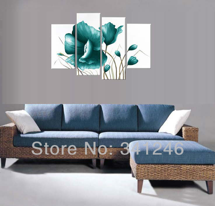 hand-painted hi-q modern wall art home decorative abstract flower group oil painting on canvas cyan corn poppy 4pcs/set framed