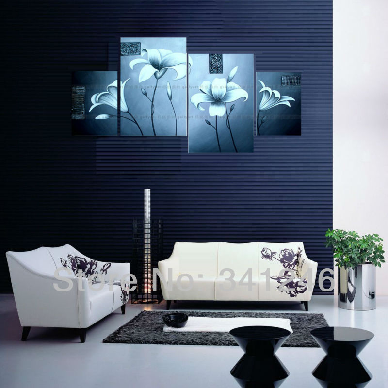 hand-painted hi-q modern wall art home decorative abstract flower group oil painting on canvas light blue lily 4pcs/set framed