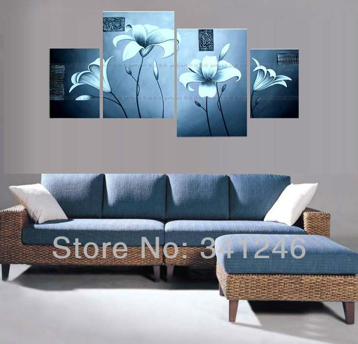 hand-painted hi-q modern wall art home decorative abstract flower group oil painting on canvas light blue lily 4pcs/set framed