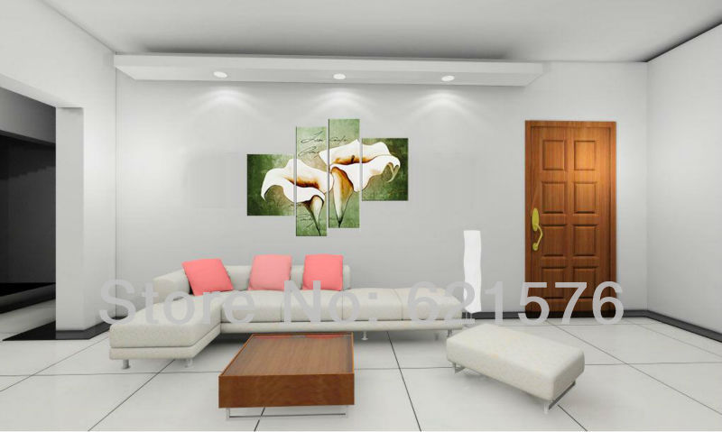 hand-painted hi-q modern wall art home decorative abstract flower group oil painting on canvas white calla lily on cyan 4pcs/set