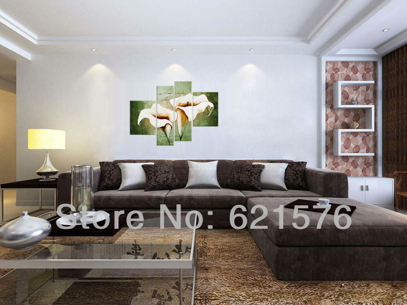 hand-painted hi-q modern wall art home decorative abstract flower group oil painting on canvas white calla lily on cyan 4pcs/set