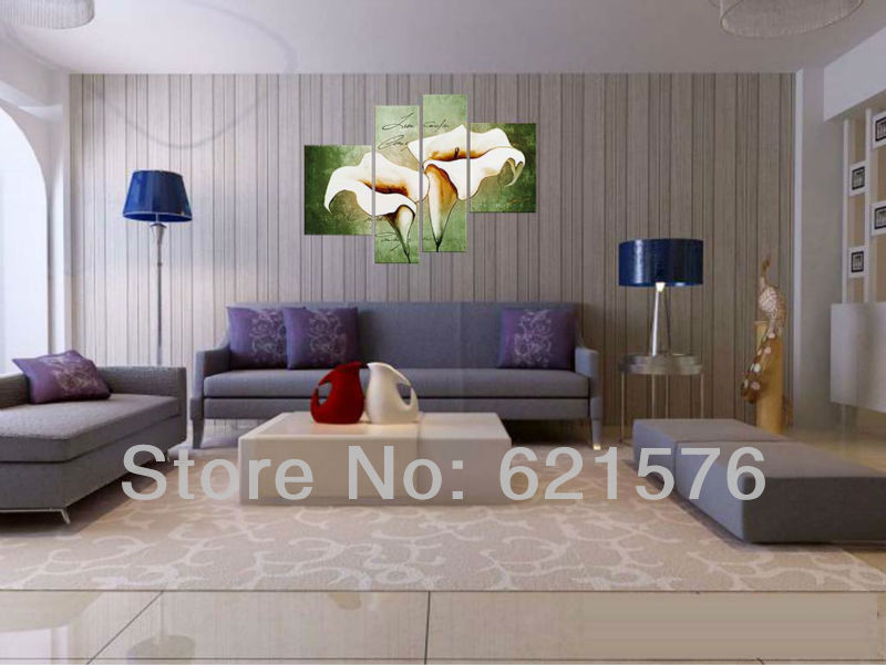 hand-painted hi-q modern wall art home decorative abstract flower group oil painting on canvas white calla lily on cyan 4pcs/set