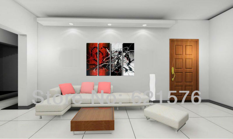 hand-painted hi-q modern wall art home decorative abstract group oil painting on canvas white red scrawl line rendering 4pcs/set