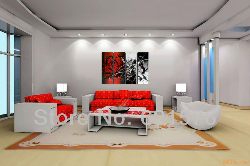 hand-painted hi-q modern wall art home decorative abstract group oil painting on canvas white red scrawl line rendering 4pcs/set