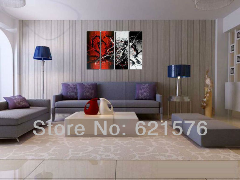 hand-painted hi-q modern wall art home decorative abstract group oil painting on canvas white red scrawl line rendering 4pcs/set