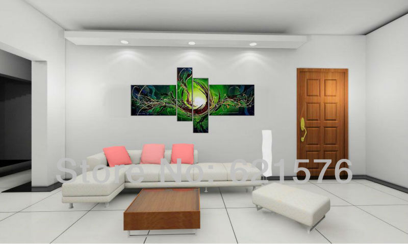 hand-painted hi-q modern wall art home decorative abstract oil painting on canvas green light dance scrawl line 4pcs/set framed