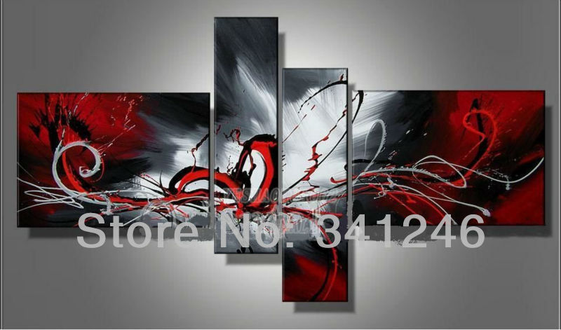 hand-painted hi-q modern wall art home decorative abstract oil painting on canvas passion colors red black white 4pcs/set framed