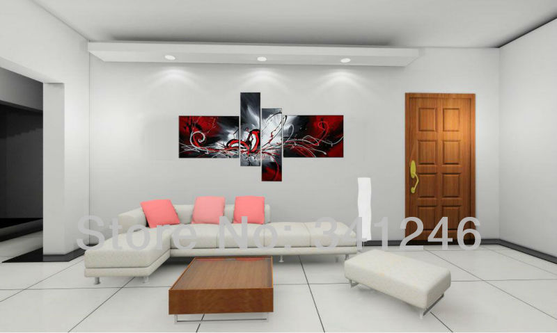 hand-painted hi-q modern wall art home decorative abstract oil painting on canvas passion colors red black white 4pcs/set framed