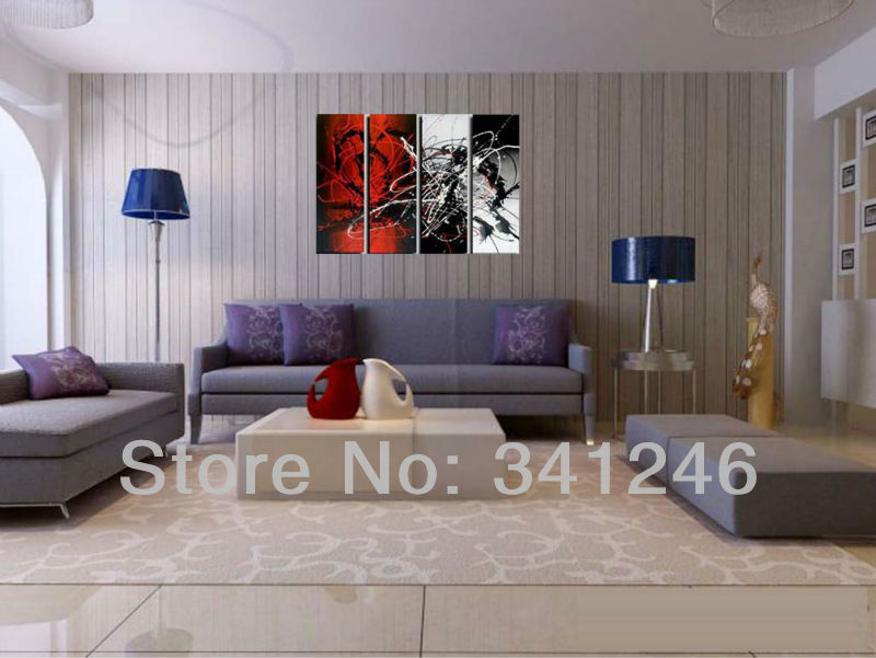 hand-painted hi-q modern wall art home decorative abstract oil painting on canvas white red scrawl line rendering4pcs/set framed