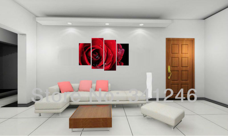 hand-painted hi-q modern wall art home decorative flower group oil painting on canvas huge rose with drops 4pcs/set framed