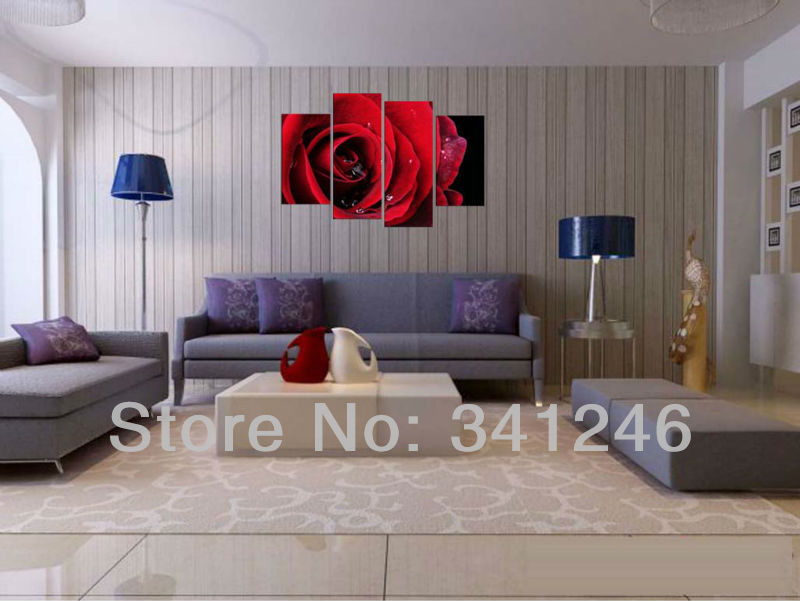 hand-painted hi-q modern wall art home decorative flower group oil painting on canvas huge rose with drops 4pcs/set framed