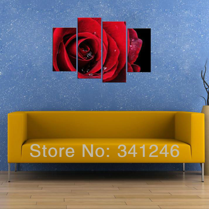 hand-painted hi-q modern wall art home decorative flower group oil painting on canvas huge rose with drops 4pcs/set framed