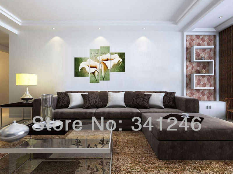 hand-painted hi-q modern wall art home decorative flower group oil painting on canvas white calla lily on cyan 4pcs/set framed