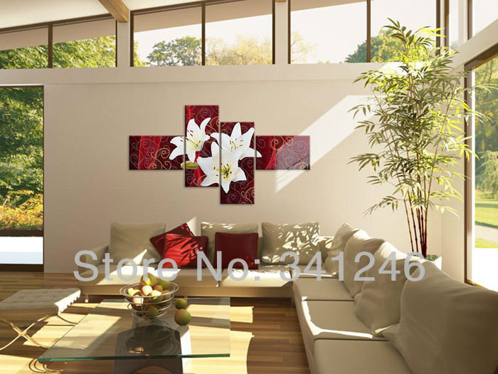 hand-painted hi-q modern wall art home decorative flower oil painting on canvas white lily flower texture on red 4pcs/set framed