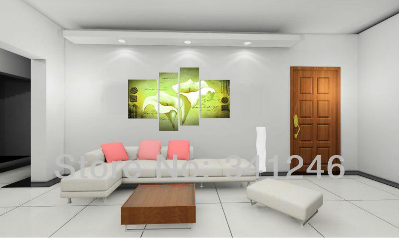 hand-painted hi-q modern wall art home decorative landscape group oil painting on canvas light green calla lily -4pcs/set framed