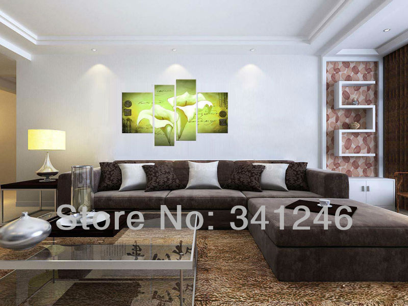 hand-painted hi-q modern wall art home decorative landscape group oil painting on canvas light green calla lily -4pcs/set framed