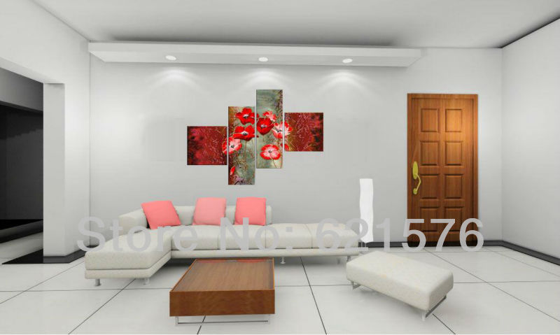 hand-painted hi-q wall art home decorative flower oil painting on canvas blooming bright red corn poppy golden texture 4pcs/set