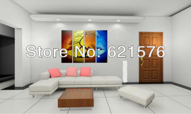 hand-painted modern hanging wall art picture home decor colorful abstract landscape big tree moon oil painting on canvas 4pc/set