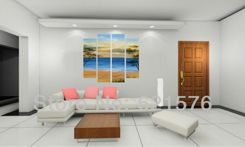 hand-painted modern hanging wall art picture living room home decor blue seascape sea beach tree oil painting on canvas 4pcs/set