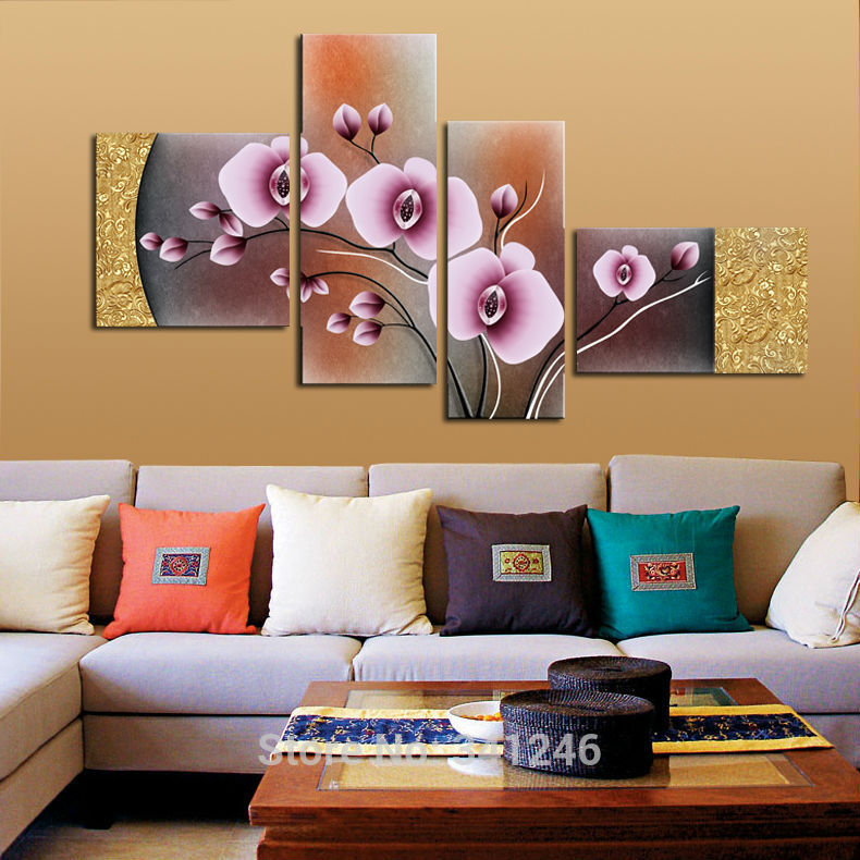 hand-painted modern home decor abstract wall art picture golden pink flower canvas art oil painting on canvas