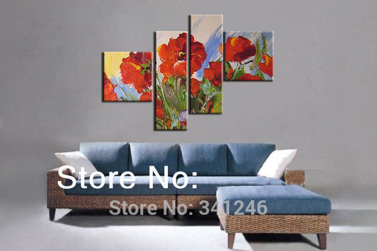 hand-painted modern home hang wall art decor abstract living room bedroom red blooming corn poppy oil painting on canvas framed