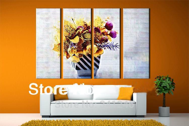 hand-painted modern home wall art decor abstract living room bedroom golden purple flowers vase oil painting on canvas framed