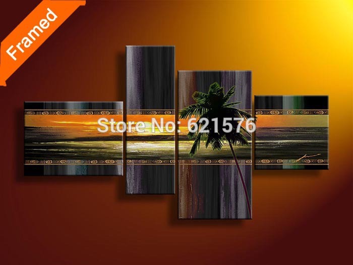 hand-painted modern wall art picture for living room home decor abstract coconut tree sunset group oil painting on canvas framed