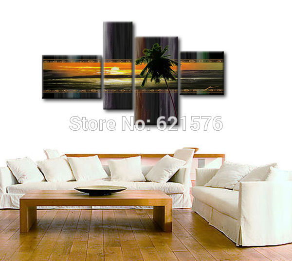 hand-painted modern wall art picture for living room home decor abstract coconut tree sunset group oil painting on canvas framed