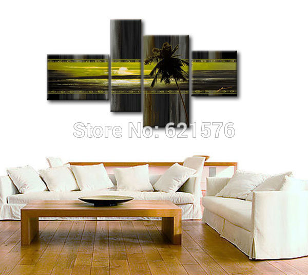 hand-painted modern wall art picture for living room home decor abstract coconut tree sunset group oil painting on canvas framed