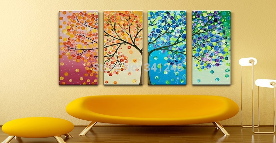 hand painted modern wall art picture for living room home decor abstract color trees oil painting on canvas framed