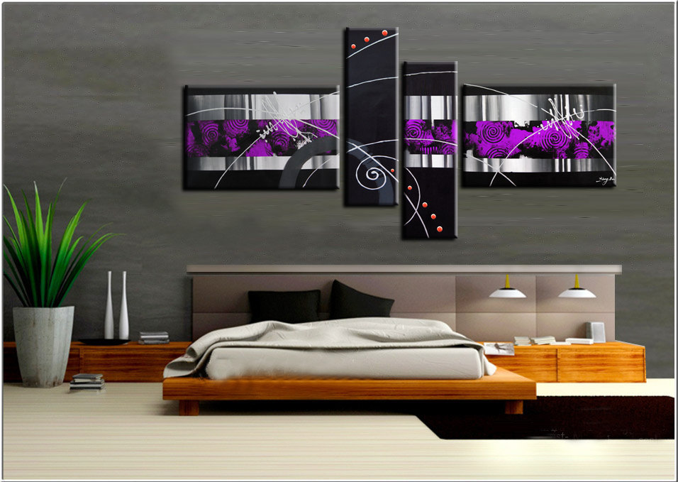 hand-painted modern wall art picture for living room home decor purple black abstract group oil painting on canvas 4pcs framed