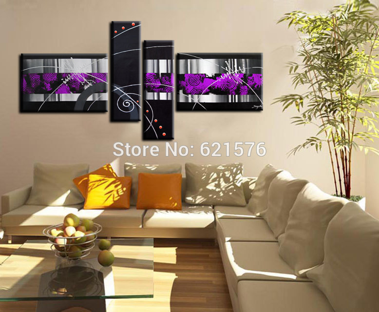 hand-painted modern wall art picture for living room home decor purple black abstract group oil painting on canvas 4pcs framed