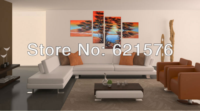 hand painted modern wall art picture home decor abstract landscape tree group oil paintings on canvas lake at evening framed