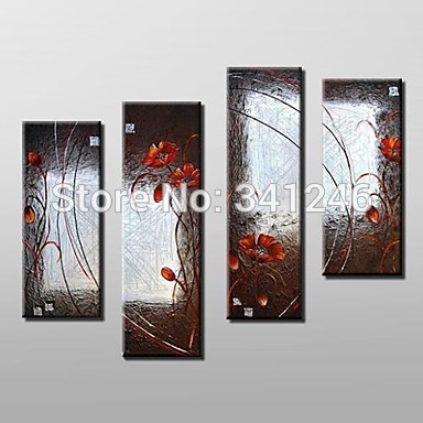 hand-painted modern wall art picture living room abstract home decor red flower brown oil painting on canvas framed 4pcs/set