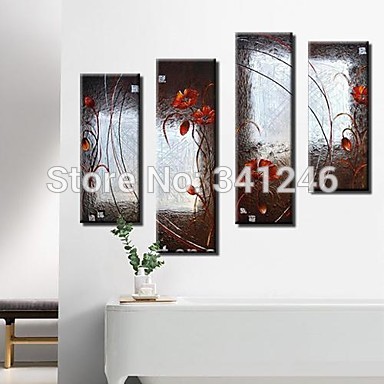 hand-painted modern wall art picture living room abstract home decor red flower brown oil painting on canvas framed 4pcs/set