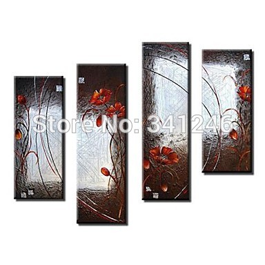 hand-painted modern wall art picture living room abstract home decor red flower brown oil painting on canvas framed 4pcs/set