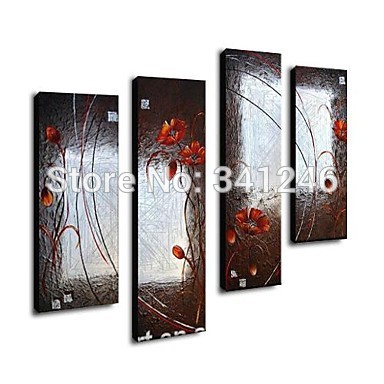 hand-painted modern wall art picture living room abstract home decor red flower brown oil painting on canvas framed 4pcs/set