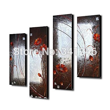 hand-painted modern wall art picture living room abstract home decor red flower brown oil painting on canvas framed 4pcs/set