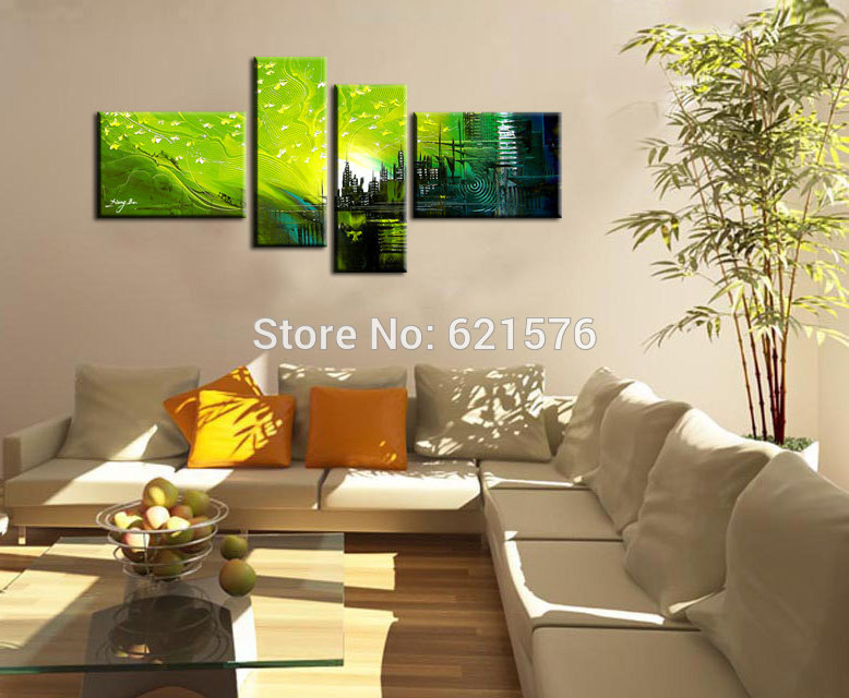 hand-painted modern wall art picture living room home decor abstract green city landscape group oil painting on canvas framed