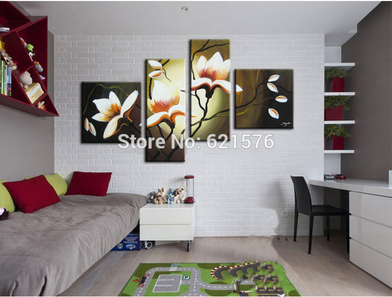 hand-painted modern wall art picture living room home decor abstract white red kapok flower oil painting on canvas 4pcs framed