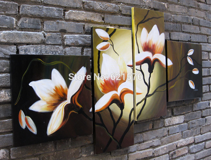 hand-painted modern wall art picture living room home decor abstract white red kapok flower oil painting on canvas 4pcs framed