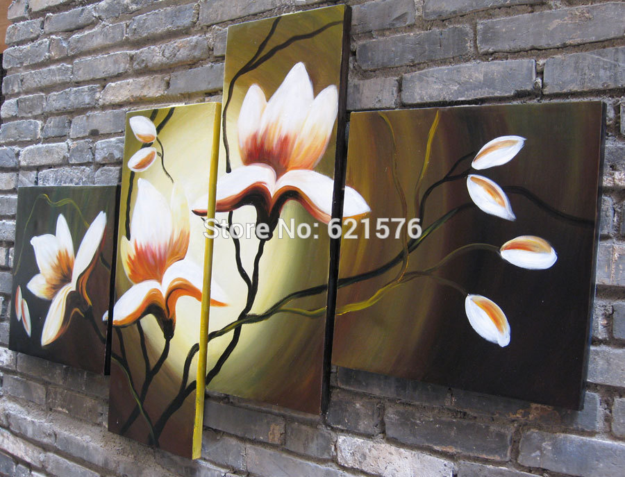 hand-painted modern wall art picture living room home decor abstract white red kapok flower oil painting on canvas 4pcs framed