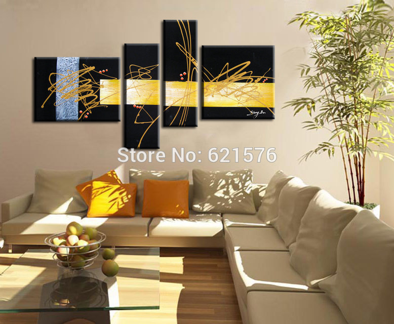 hand-painted modern wall art picture living room home decor abstract yellow golden black texture oil painting on canvas framed