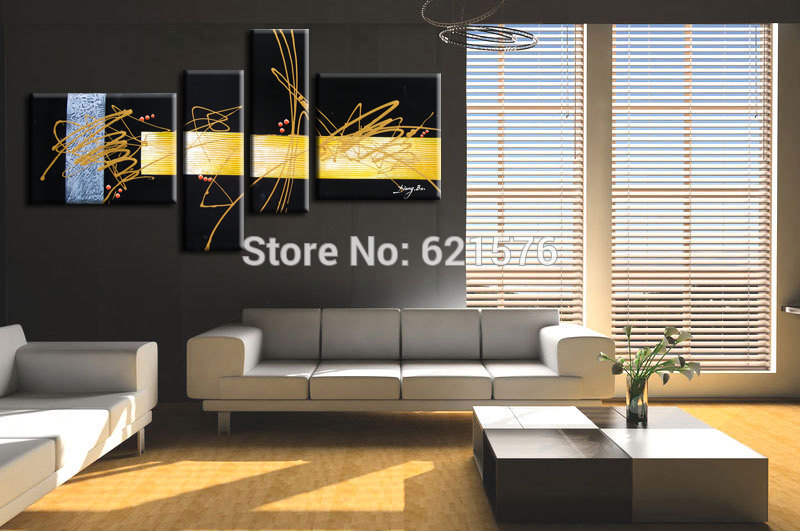 hand-painted modern wall art picture living room home decor abstract yellow golden black texture oil painting on canvas framed