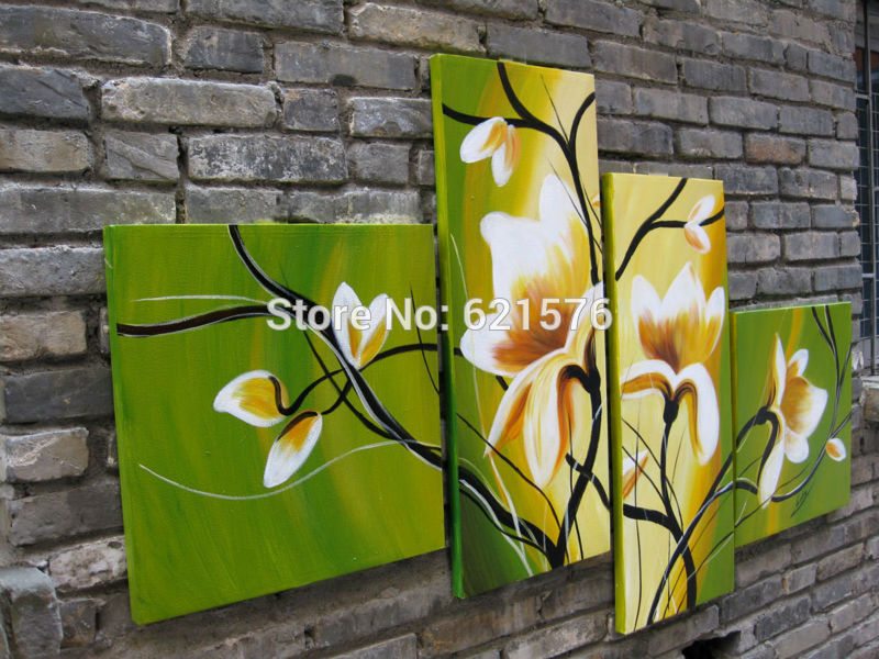 hand painted wall art picture for living room home decor abstract orange green kapok flower set oil painting on canvas framed