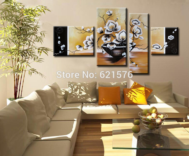 hand painted wall art picture for living room home decor abstract white black kapok flower group oil painting on canvas framed