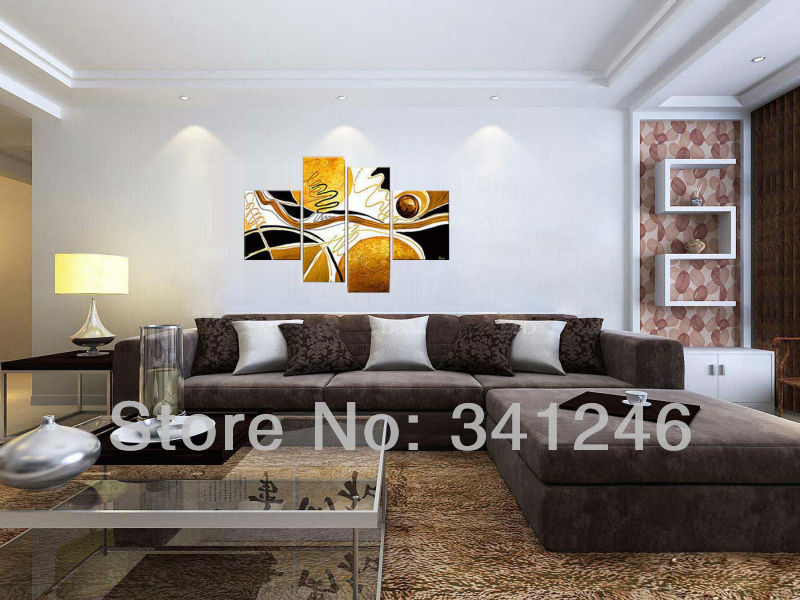 handpainted hi-q modern fashion wall art home decorative abstract oil painting on canvas brown scrawl line round4pcs/set framed