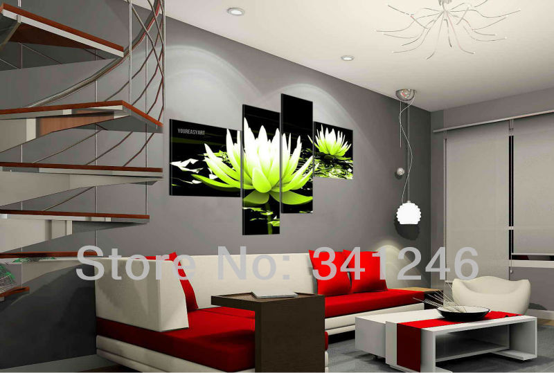 sell hand-painted modern wall art home decorative flower oil painting on canvas blooming light green water lily framed